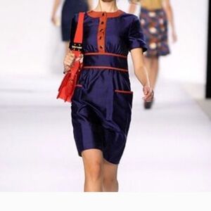 Elegant Navy Blue Dress with Red Accents